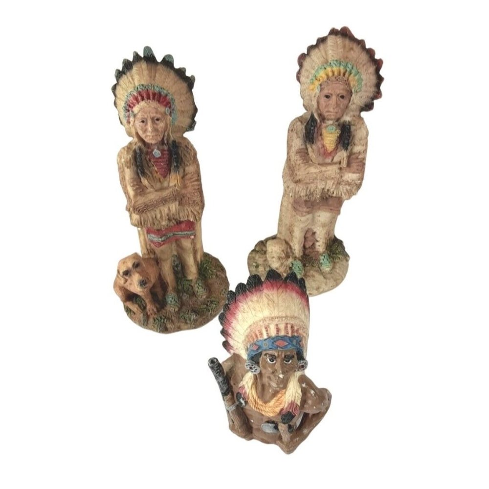 Native American Indian Chief Figure Resin Brave‎ With Dog Lot of 3